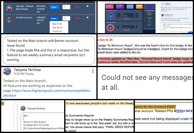 Highest Good Network, One Community, HGN PR testing, bug fixes, dashboard updates, timelog, role icon popup, contributors report, weekly summaries, admin emails, attendance logging, bar graph, resource breakdown, error handling, user management, reports page, badges testing, QA, open source, sustainability
