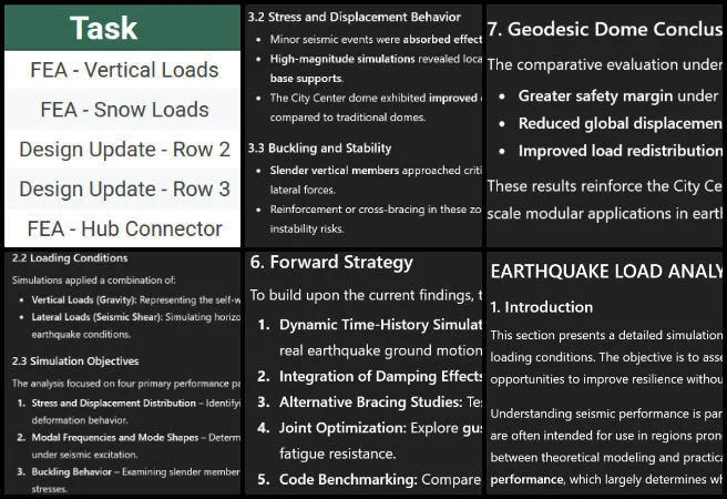 One Community Weekly Progress Update #657, Solutioneering the World We Want, Duplicable City Center earthquake analysis documentation, structural model description refinements, open source engineering report updates One Community, cross-referenced formatting for clarity, tracking table progress checks, sustainable structural analysis, global eco-architecture documentation