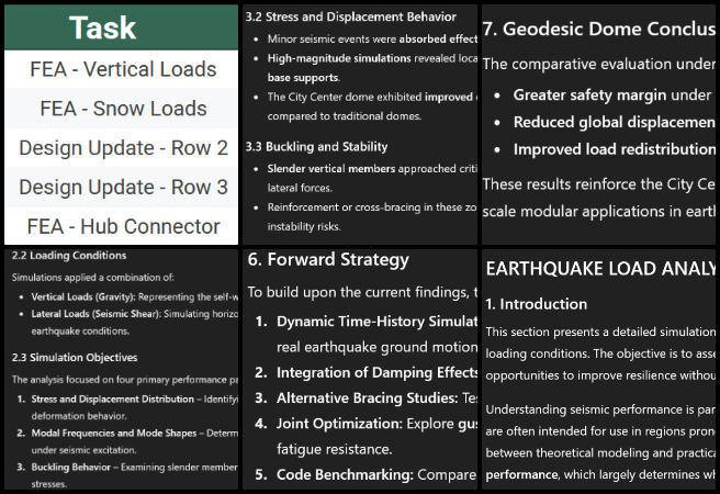 One Community Weekly Progress Update #657, Solutioneering the World We Want, Duplicable City Center earthquake analysis documentation, structural model description refinements, open source engineering report updates One Community, cross-referenced formatting for clarity, tracking table progress checks, sustainable structural analysis, global eco-architecture documentation