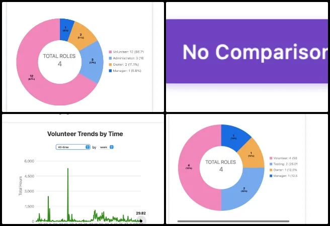 volunteer trends, line chart, role distribution, pie chart, date filter, software testing, anniversary component, task completed chart, admin training, report consistency, open source, sustainability, free-shared eco-solutions, software QA, team administration, weekly update