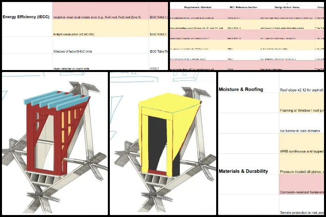 Andrew, Duplicable City Center, Jump-starting Our Sustainable Future, One Community Weekly Progress Update #659, Dormer second-floor window design, Duplicable City Centre architecture, window frame concept sketch, building code research, architectural framing practices, presentation preparation, design feedback review, concept iteration, collaborative design briefing, sustainable building design