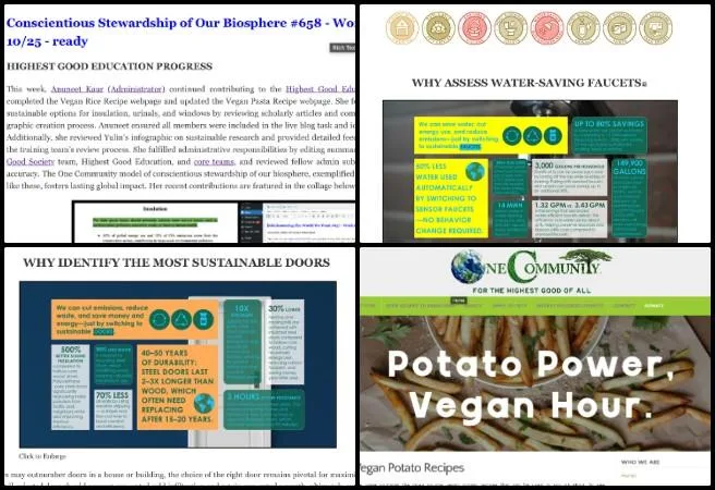 Anuneet, Highest Good Food, Jump-starting Our Sustainable Future, One Community Weekly Progress Update #659, Vegan rice pasta and potato webpages, sustainable insulation urinals and windows research, eco-friendly building material statistics, Highest Good Food initiative, One Community sustainable model, sustainable classroom and housing studies, live blog task coordination, sustainable infographic feedback, administrative sustainability support, jump-starting our sustainable future