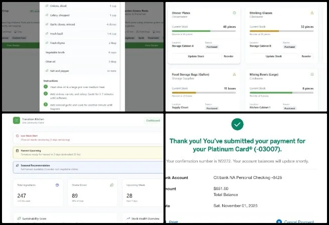 Chelsea, Highest Good Food, Jump-starting Our Sustainable Future, One Community Weekly Progress Update #659, Transition Food Self-sufficiency Plan mockups, sustainable kitchen UX design, slide-in panel interface improvement, open source food system software, sustainable menu planning tools, Highest Good Food initiative, One Community sustainable development, regenerative food infrastructure, user-centered sustainability software, jump-starting our sustainable future