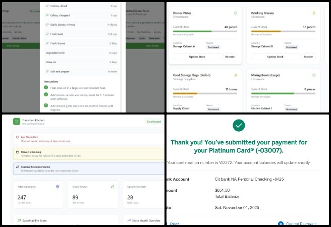 Chelsea, Highest Good Food, Jump-starting Our Sustainable Future, One Community Weekly Progress Update #659, Transition Food Self-sufficiency Plan mockups, sustainable kitchen UX design, slide-in panel interface improvement, open source food system software, sustainable menu planning tools, Highest Good Food initiative, One Community sustainable development, regenerative food infrastructure, user-centered sustainability software, jump-starting our sustainable future