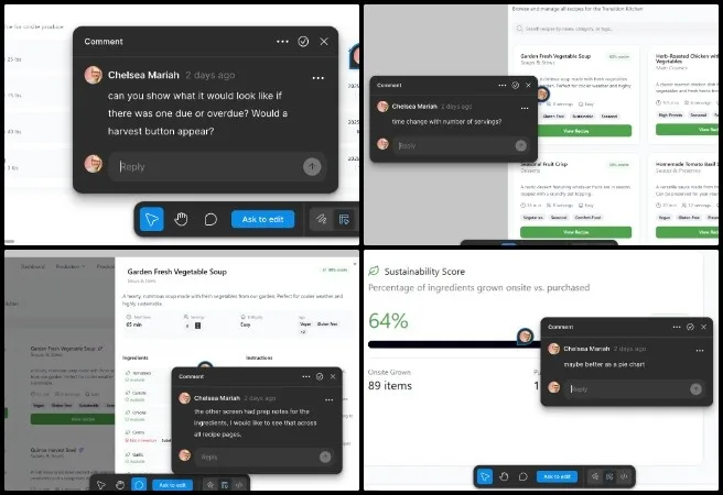 Chelsea, Highest Good Food, Pragmatic Eco-utopia Creation, One Community Weekly Progress Update #661, Transition Food Self-sufficiency software development, kitchen inventory management system, Figma design feedback, ingredient tracking hub, produce and animal product management, recipe-style interface design, pie chart ingredient visualization, sustainable food system planning, Highest Good Food initiative, One Community open source platform, pragmatic eco-utopia creation