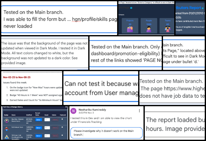 Highest Good Network, One Community, HGN software, pull request testing, bug fixes, analytics dashboard, contributors report, questionnaire dashboard, dark mode, report styling, badge testing, quality assurance, software development, open source, volunteer coordination, construction summary, application page, frontend testing, sustainability, free-shared eco-solutions, community impact