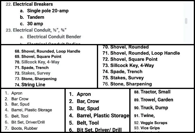 Core Team, Highest Good Food, Jump-starting Our Sustainable Future, One Community Weekly Progress Update #659, Master Tools Equipment and Materials list, Large Garden and Botanical Garden tools, sustainable agriculture supply comparison, GT CHICK and RAB project lists, eco farming resource organization, Highest Good Food initiative, One Community open source plans, sustainable future development, innovative eco design systems, jump-starting a sustainable future