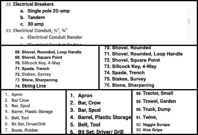 Core Team, Highest Good Food, Jump-starting Our Sustainable Future, One Community Weekly Progress Update #659, Master Tools Equipment and Materials list, Large Garden and Botanical Garden tools, sustainable agriculture supply comparison, GT CHICK and RAB project lists, eco farming resource organization, Highest Good Food initiative, One Community open source plans, sustainable future development, innovative eco design systems, jump-starting a sustainable future