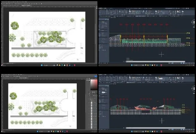 Falguni, Highest Good Food, Pragmatic Eco-utopia Creation, One Community Weekly Progress Update #661, Aquapini and Walipini masterplan rendering, plan-level visualization setup, architectural rendering workflow, AutoCAD layer cleanup, base-plan export and organization, rendering style reference gathering, section and elevation review, landscape and structural detailing, Highest Good Food initiative, One Community open source platform, sustainable and participatory development, pragmatic eco-utopia creation