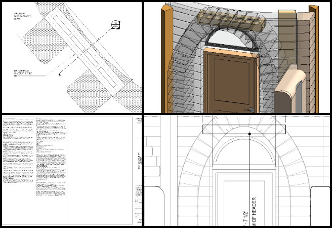 Highest Good Network, Jump-starting Our Sustainable Future, One Community Weekly Progress Update 659 earthbag construction documents, front door structural header, transom window support design, earthbag wall stability, elevation and plan detailing, 2x6 framing configuration, sustainable architecture modeling, structural header placement, natural building design, Earthbag Village construction visuals
