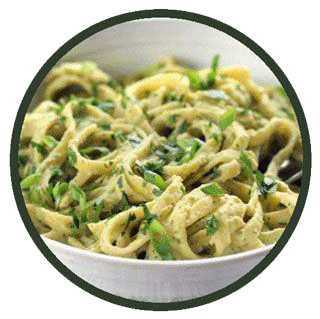 Scallion Hummus Pasta with Chicken Thighs