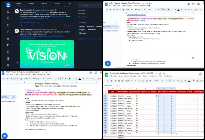  Highest Good Education, One Community, software development, Phase 4, marketing, promotion, administration, data analysis, PR review, developer standards, Figma integration, documentation, testing levels, BlueSky Buffer, social media, analytics dashboard, tutorial video, blog editing, team feedback, open source, sustainable and free-shared eco-solutions