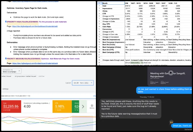 Highest Good Network, One Community, Google Ads, campaign management, data analysis, software testing, bug verification, performance tracking, Google recommendations, analytics, link correction, video documentation, task creation, chart design, dark mode testing, PR review, dashboard visualization, open source, sustainability, free-shared eco-solutions, volunteer collaboration