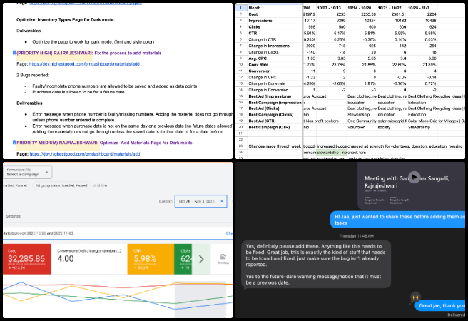 Highest Good Network, One Community, Google Ads, campaign management, data analysis, software testing, bug verification, performance tracking, Google recommendations, analytics, link correction, video documentation, task creation, chart design, dark mode testing, PR review, dashboard visualization, open source, sustainability, free-shared eco-solutions, volunteer collaboration