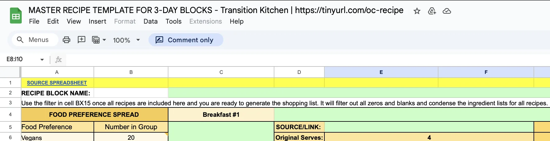 Recipe Block Name, master recipe tab, scalable recipe planning, dietary preference meal planning, ingredient quantity tracker, recipe cost estimation tool, vegan and omnivore recipe management, recipe block name, ingredient substitution tracker, meal plan cost calculator, multi-recipe management system