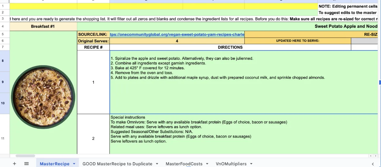 Recipe Build Out Tool, recipe customization tool, chef-created recipe adaptation, automatic ingredient substitution, master tab recipe updates, custom meal planning system, dietary preference customization, budget-friendly recipe planning, ingredient availability adjustments, manual recipe entry option, customizable meal plan tool