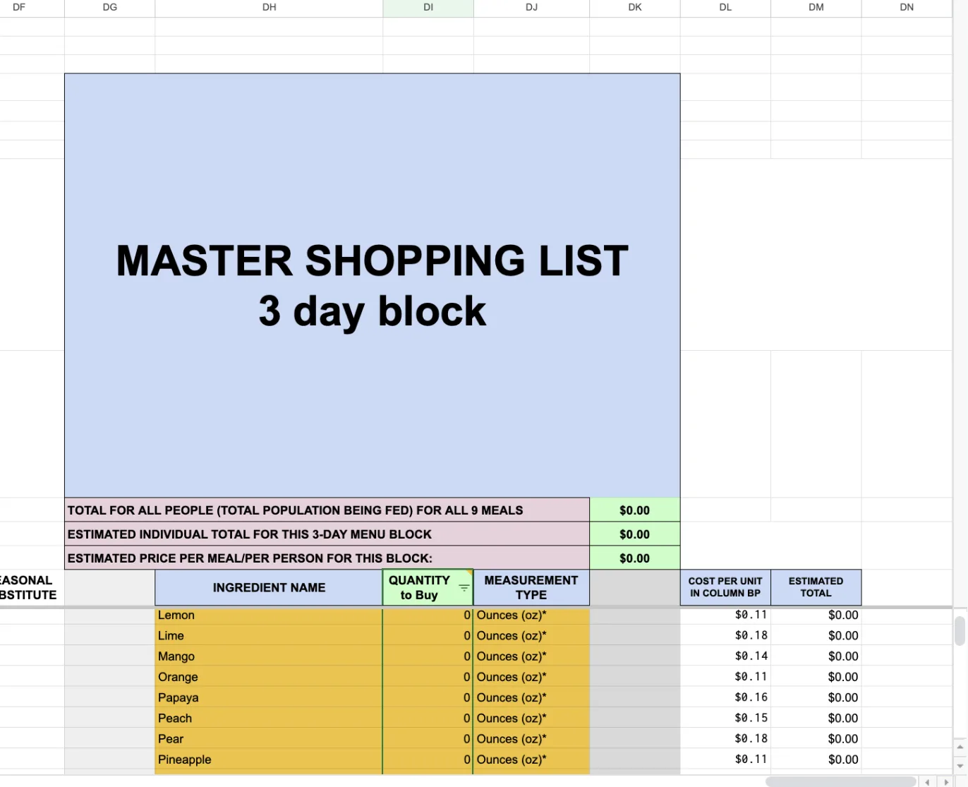 Master 3 Day Shopping List, master recipe tab, master shopping list tool, dynamic ingredient calculator, recipe scaling system, adjustable servings tool, streamlined grocery planning, ingredient quantity calculator, recipe shopping list generator, efficient meal prep planning, customizable recipe calculations