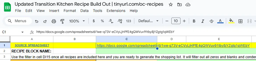 Updated Transition Kitchen Recipe Build Out Tool, update spreadsheet links, master recipe template link, VnOMultipliers sheet update, 3-day recipe tab links, recipe tool functionality, linked tab verification, dietary preference updates, spreadsheet configuration steps, recipe template setup, meal planning spreadsheet links