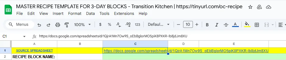 MasterRecipe Tab, master recipe template, duplicate recipe template, update spreadsheet links, VnOMultipliers sheet, master recipe functionality, recipe tool setup, linked spreadsheet instructions, meal planning template, 3-day block recipe template, recipe tool configuration