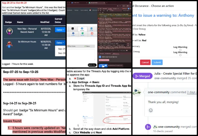 Highest Good Network Software, Improving the Human Living Experience, One Community Weekly Progress Update #663, filter component refactoring, mobile responsive date picker, badge behavior testing, inconsistent badge assignment, stewardship hours badge issues, Facebook autoposter development, backend API integration, merge conflict fixes, blue square feature updates, warning tracker enhancements