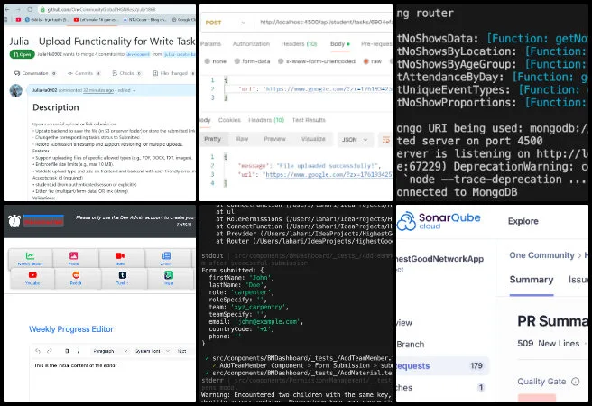 Highest Good Network Software, Jump-starting Our Sustainable Future, One Community Weekly Progress Update #659, sustainable living technology, email automation threading, backend API development, AWS S3 file upload validation, Express route conflict fixes, MongoDB Atlas integration, OnlyWire wireframe updates, access permissions management, social architecture progress tracking