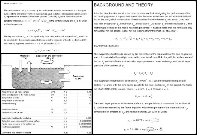 Tianxiang, Duplicable City Center, Pragmatic Eco-utopia Creation, One Community Weekly Progress Update #661, heat transfer analysis, eco-friendly hot tub modeling, energy balance mechanism study, solar heat gain evaluation, evaporation energy loss research, convection heat transfer assessment, radiation impact analysis, thermal performance documentation, swimming pool heating reference analysis, sustainable thermal modeling