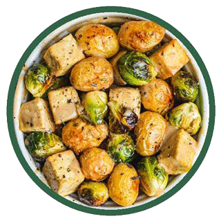 Garlic Brussels Sprouts Potatoes and Baked Tofu