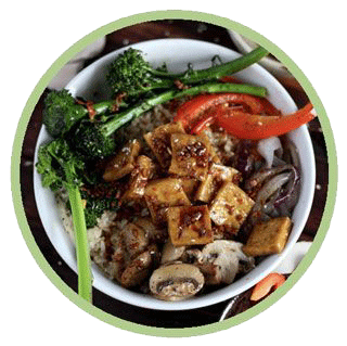 Brown rice, Roasted Tofu, and Roasted Vegetables