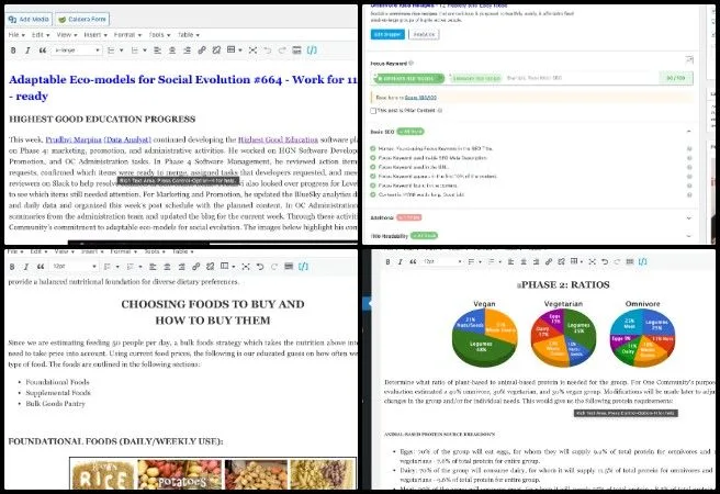 Anuneet, Highest Good Food, Creating the Sustainable Civilization We Know is Possible, One Community Weekly Progress Update #665, Sustainable food self-sufficiency plan, food procurement and storage webpage, sustainable nutrition calculations, SEO optimized recipe pages, vegan and omnivore food planning, open source food systems, Highest Good Food initiative, sustainable civilization development, Food Web project consistency, creating a sustainable civilization