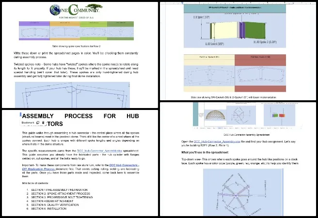 Ayushman, Duplicable City Center, Creating the Sustainable Civilization We Know is Possible, One Community Weekly Progress Update #665, dome hub connector engineering, assembly spreadsheet drawings, row 4 assembly documentation, CAD model corrections, FEA feedback integration, DIY manufacturing workflow, structural dimension verification, assembly process documentation, spreadsheet formatting consistency, connector analysis review