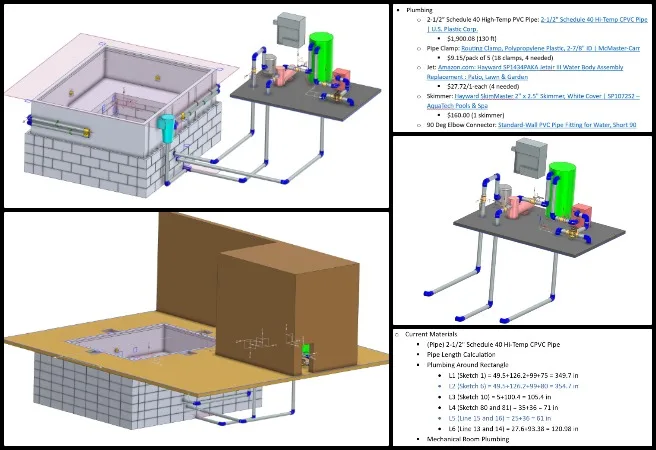 Bevan, Duplicable City Center, Creating the Sustainable Civilization We Know is Possible, One Community Weekly Progress Update #665, eco-spa plumbing assembly, rectangular spa tub layout, AutoCAD plumbing alignment, pipe dimension verification, bill of materials calculation, plumbing inventory planning, unistrut mounting methods, floating pipe support design, CAD plumbing interfaces, sustainable spa infrastructure