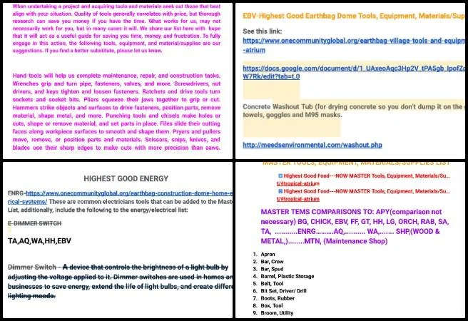 Core Team. Highest Good Food. Regenerative Global-Sustainability Systems, One Community Weekly Progress Update #666, Master Tools Equipment and Materials list, Food Forest tools and supplies, sustainable garden resource planning, elimination of duplicate equipment, eco-friendly materials management, Highest Good Food initiative, One Community open source plans, regenerative global sustainability systems, innovative agriculture design, sustainable project documentation