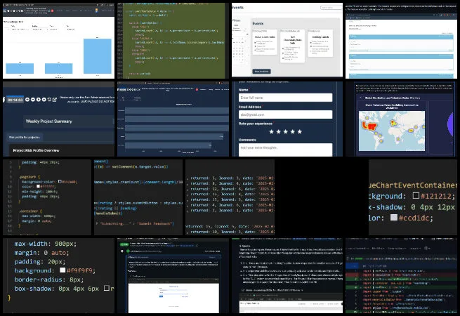 Project management software, dashboard refactoring, API development, Material Usage vs Cost Correlation, Node.js/Express, React component development, UI/UX design, feedback form implementation, CI/CD and linting fixes, and PDF generation issues