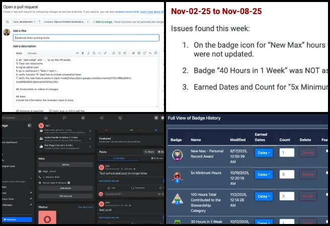 Team Skye, Highest Good Network Software, Creating the Sustainable Civilization We Know is Possible, One Community Weekly Progress Update #665, badge assignment logic fixes, badge history backend updates, weekly and cumulative hour badges, backend service refactoring, Facebook posting permissions, API routing configuration, SonarCloud code quality, code duplication resolution, email automation threading, CSS module transition