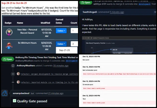 Team Skye, Highest Good Network Software, Regenerative Global-Sustainability Systems, One Community Weekly Progress Update #666, merge conflict resolution, CSS container width fix, permission change log updates, role-based permission reset, badge assignment logic, weekly and cumulative badge tracking, Facebook posting API routing, frontend-backend route configuration, Job Posting Analytics dashboard, dark mode UI support