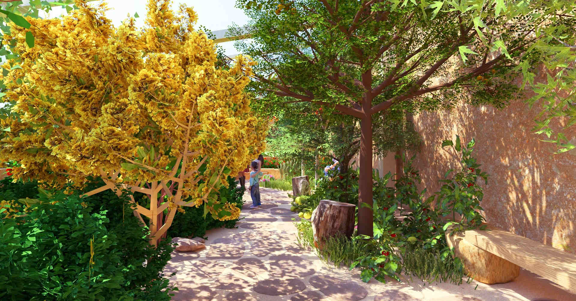 Ecologically integrated desert pathway, botanical garden walking trail, desert landscape design, stepping-stone garden path, native desert plants, shaded garden seating areas, sustainable trail design, sensory garden experience, desert botanical house, nature-inspired pathway design