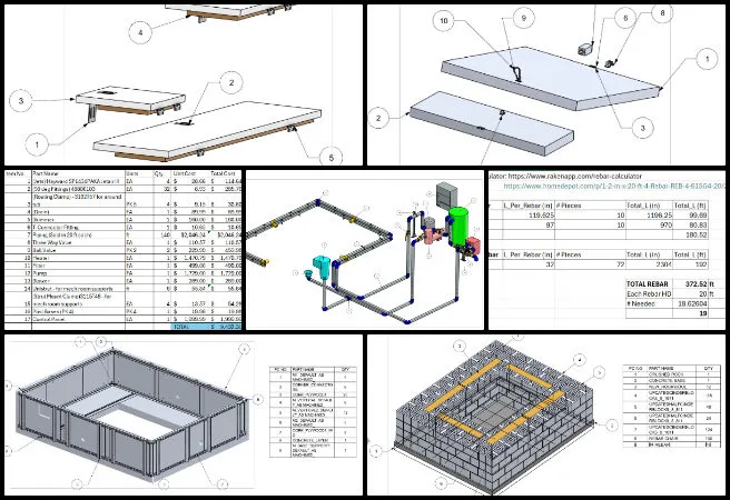 Bevan, Duplicable City Center, DIY Sustainable Construction Models, One Community Weekly Progress Update #671, Bill of Materials, spa assembly, layout definition, material quantification, cinder block assembly, R30 rockwool insulation, construction material calculations, Excel spreadsheet for materials, rebar calculations, detailed construction drawings.