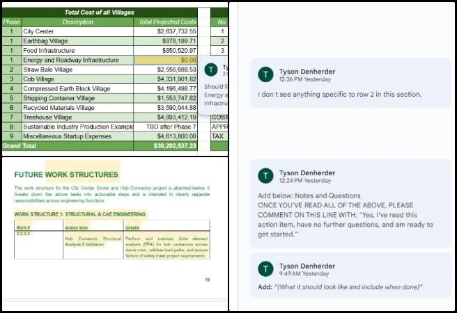 Core Team, Highest Good Energy, DIY Sustainable Construction, One Community Weekly Progress#671, Highest Good Energy initiative, DIY constructions, earthbag village construction documents, dome construction comparison, sustainable building business plan, open source energy systems, regenerative architecture planning, sustainable infrastructure review, collaborative green design, eco-friendly construction models