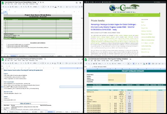 Highest Good Network, Open Sourcing the Golden Age, One Community Weekly Progress Update 670, open source climate battery cost analysis, highest good energy planning tools, regenerative energy system documentation, construction cost estimation templates, sustainable infrastructure cost modeling, energy system lifecycle analysis, reusable planning and tracking templates, open source sustainability tools, scalable community energy design, open sourcing the golden age