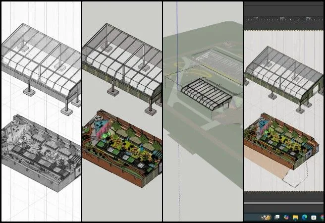 Nitin, Highest Good Food, DIY Sustainable Construction Model, One Community Weekly Progress Update #671, axonometric drawing, Zen Aquapini, architectural detailing, structural elements, roof and glazing design, visual clarity, construction documentation, sectional drawings, design refinement, open-source architecture