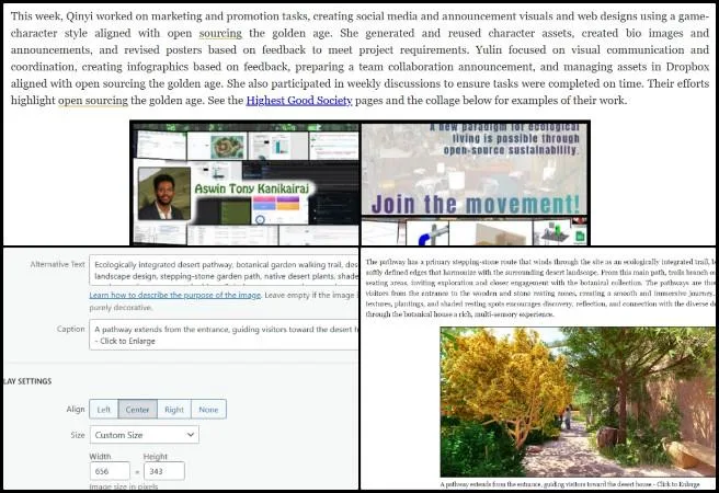 Pallavi, Highest Good Food, DIY Sustainable Construction Model, One Community Weekly Progress Update #671, blog content development, collaborative editing, feedback incorporation, Walipini 1 updates, image revision, content organization, table of contents creation, web page integration, Aquahaven Southwest Area, open-source web design