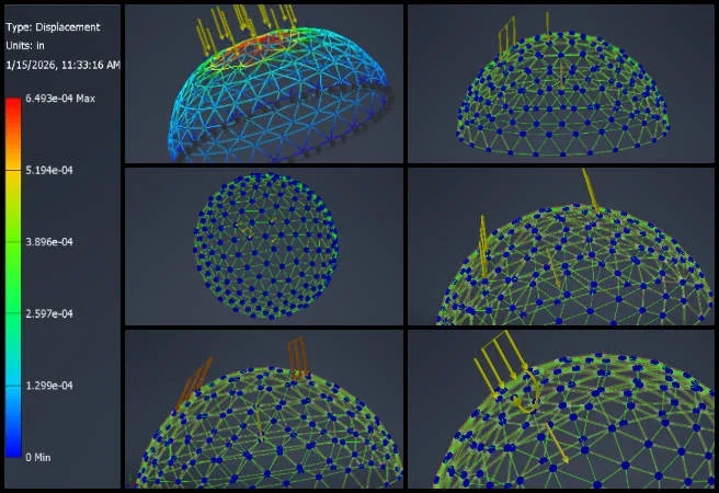 Shreyas, Duplicable City Center, DIY Sustainable Construction Models, One Community Weekly Progress Update #671, finite element analysis, dome assembly structural analysis, Autodesk Inventor simulation, load case verification, structural engineering analysis, FE analysis setup, dome load conditions, structural validation modeling, engineering simulation workflow, Duplicable City Center project