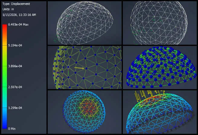 Shreyas, Duplicable City Center, Open Sourcing the Golden Age, One Community Weekly Progress Update #670, finite element analysis, dome assembly structural analysis, Autodesk Inventor simulation, load case verification, structural behavior validation, assembly model setup, engineering simulation workflow, construction dome design, CAD assembly troubleshooting, duplicable city center project