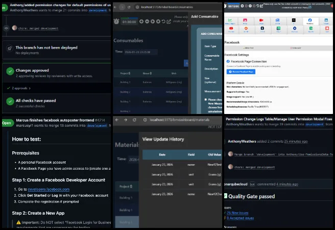 Team Skye, Highest Good Network Software, DIY Sustainable Construction Models, One Community Weekly Progress Update #671, git merge conflict resolution, pull request description updates, code refactoring for efficiency, reordering task functionality, Facebook integration stabilization, PR demo video documentation, materials update history tracking, dark mode UI fixes, consumable page filtering, add consumable functionality