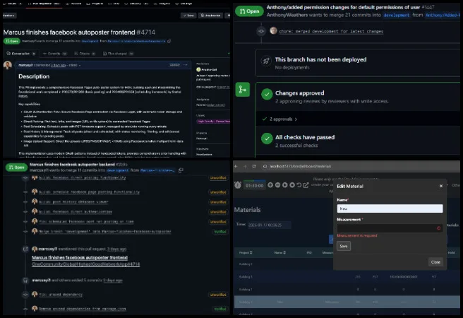 Team Skye, Highest Good Network Software, Open Sourcing the Golden Age, One Community Weekly Progress Update #670, permission change log styling, role-based access control UI, merge conflict resolution, dark mode implementation, frontend backend pull requests, X posting feature development, form validation handling, toast notification feedback, materials page filtering, update history tracking
