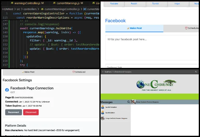 Team Skye, Highest Good Network Software, World-Changing Ideas, One Community Weekly Progress #668, production issue investigation, pull request updates, merge conflict resolution, Facebook platform integration, image posting workflow, wireframe media uploads, LB Dashboard UI fixes, Dark Mode styling, module.css optimization, BM Dashboard consumable page
