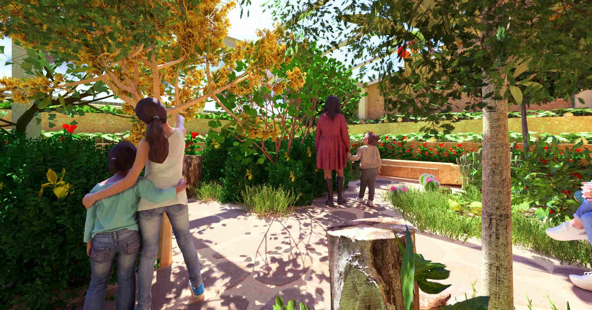 Walipini greenhouse design, desert-inspired seating areas, sustainable underground greenhouse, natural light garden structure, shaded resting areas, eco-friendly landscape design, immersive planting zones, passive solar greenhouse, desert climate architecture, nature-integrated relaxation space