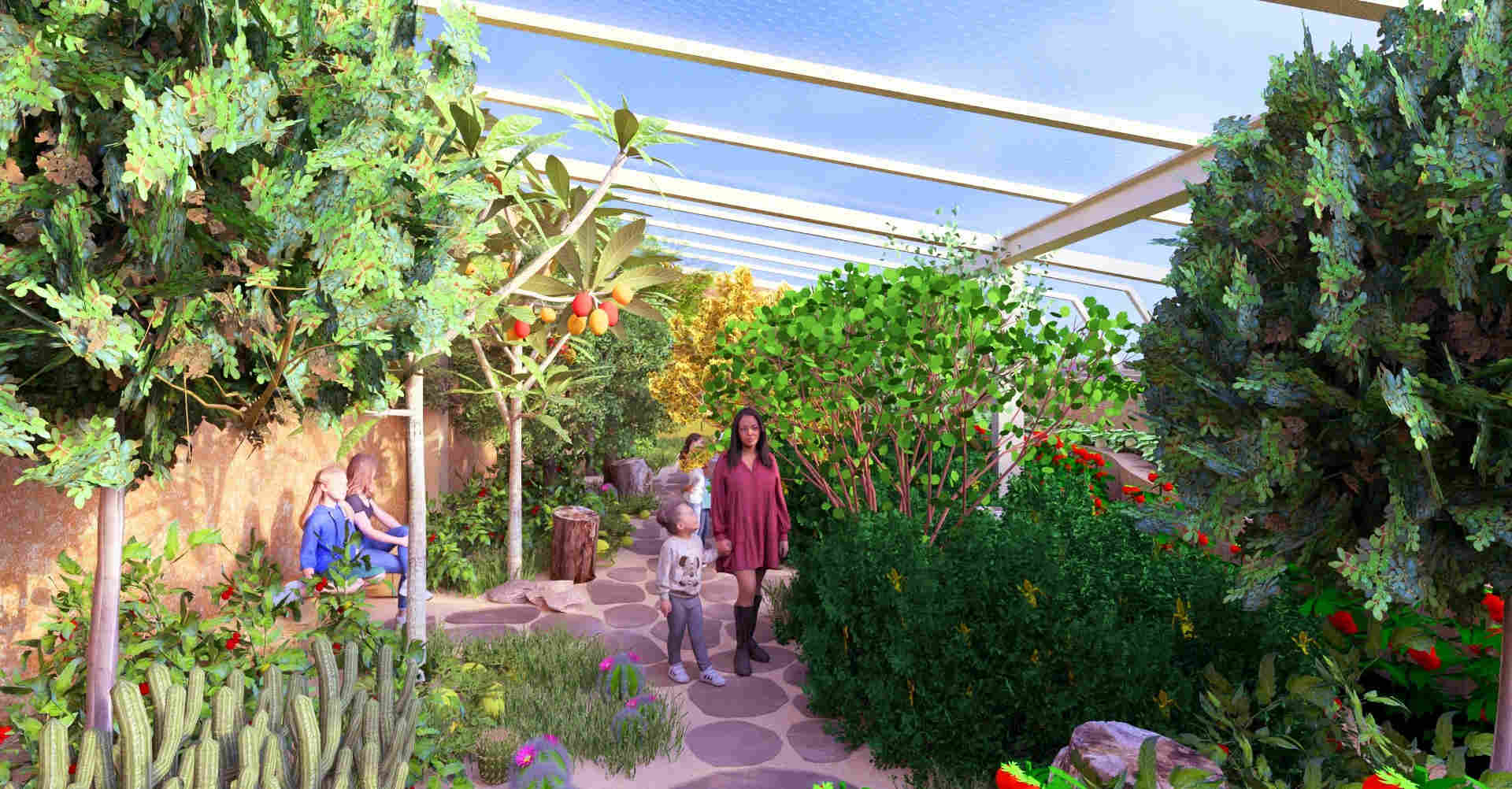 stone and sand garden pathway, desert landscape pathway design, natural stone walkway, desert garden trail, native shrubs and ground covers, immersive desert landscape, sustainable desert landscaping, living desert garden path, nature-integrated pathway, arid landscape design