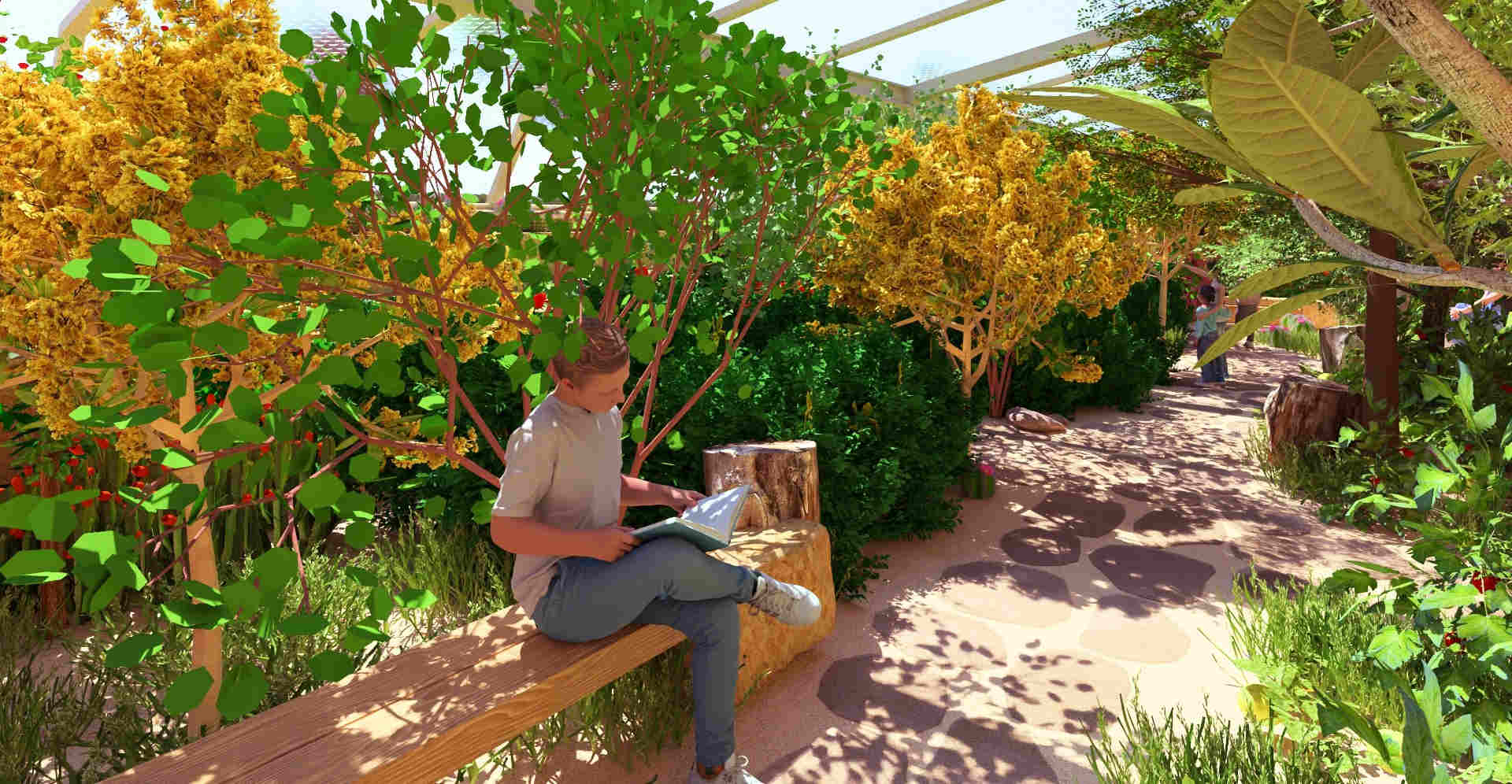 Walipini 1 - Resting areas with stone and wooden benches, blending with the desert environment stepping-stone garden pathways, Walipini greenhouse seating, natural resting areas, organic wooden log seating, stone benches landscape design, desert ecosystem immersion, sustainable garden circulation, nature-inspired seating design, experiential landscape architecture, eco-friendly greenhouse environment