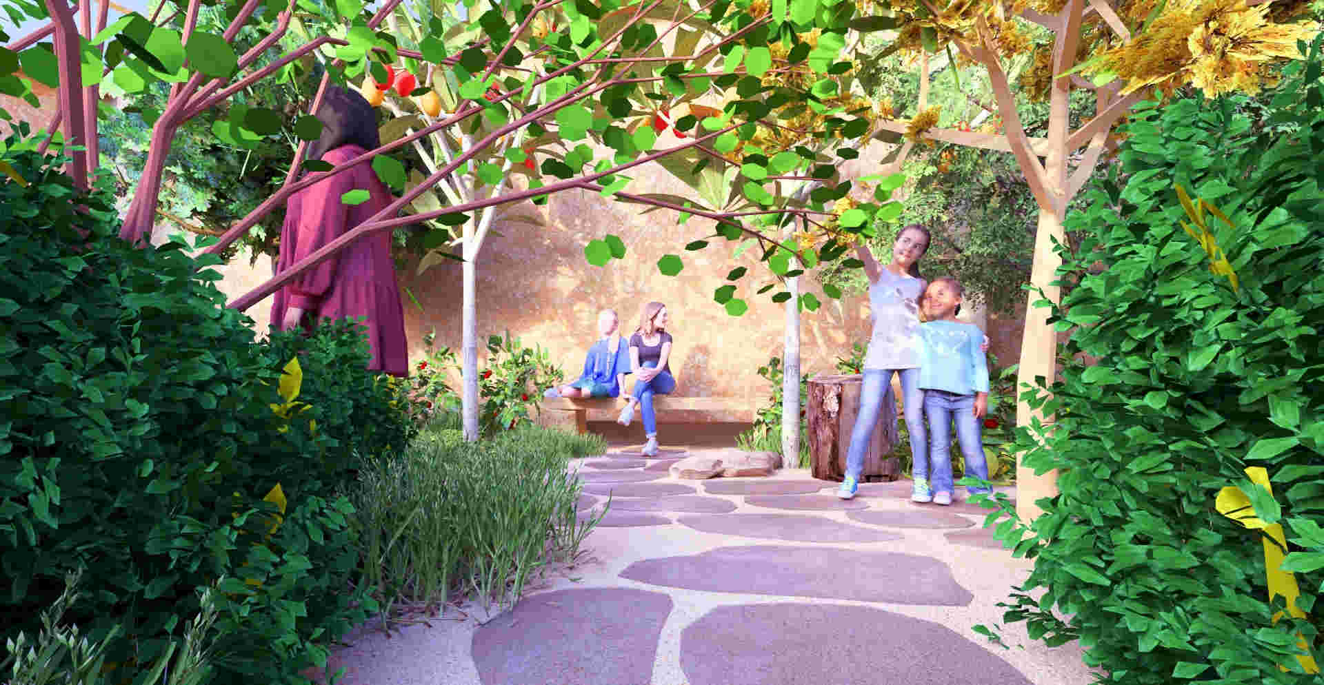 Walipini 1 - Resting areas feature stone and wooden benches, shaded by amla, argan, and ciruela fruit trees, creating a serene spot to relax desert house greenhouse plants, edible and medicinal desert plants, drought-tolerant greenhouse crops, arid climate greenhouse design, sustainable desert agriculture, water-efficient plant selection, desert greenhouse produce, medicinal herb greenhouse, edible desert landscaping, resilient greenhouse planting